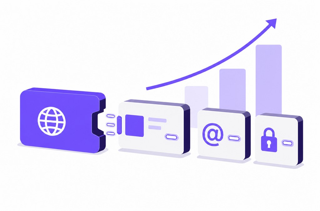 Isometric illustration of domain, hosting, email, and security services attaching together with a growth chart