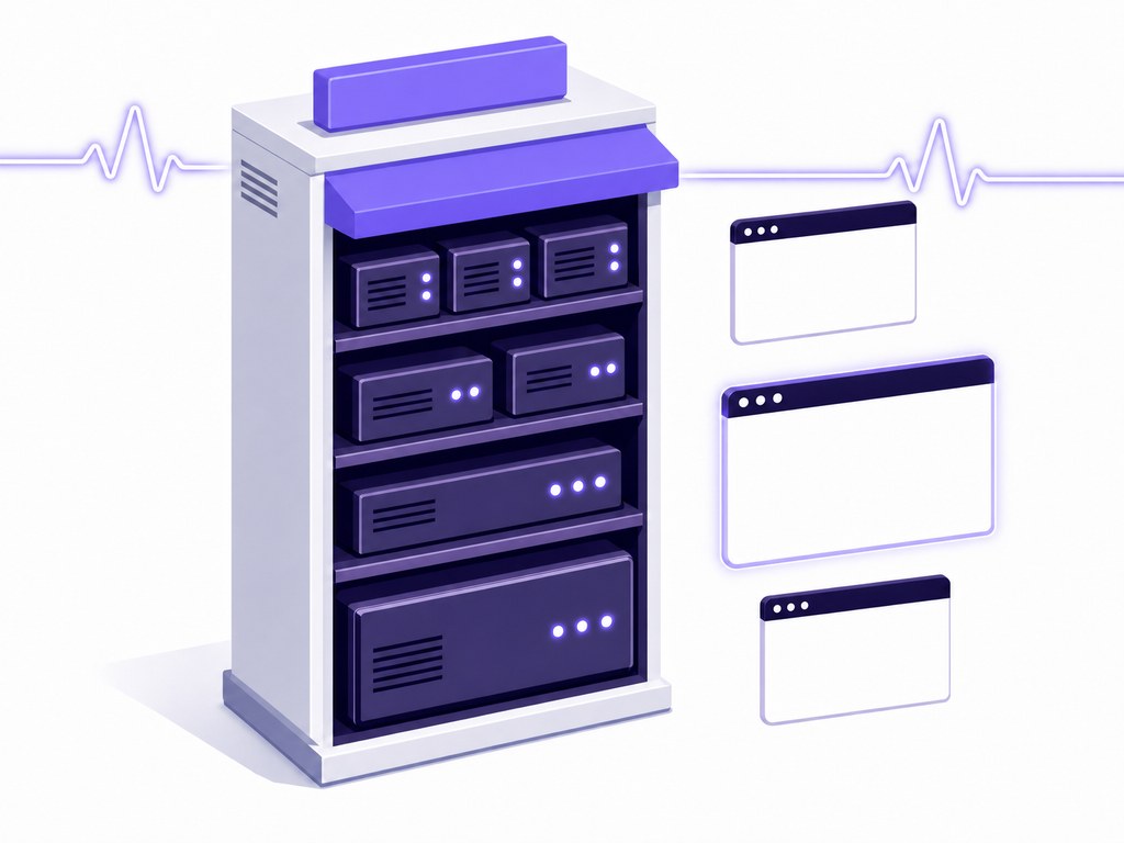 Isometric illustration of a server rack with hosting infrastructure and browser windows