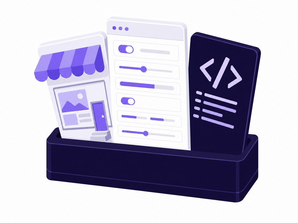 Isometric illustration of storefront, control panel, and code editor representing three ways to sell on the platform