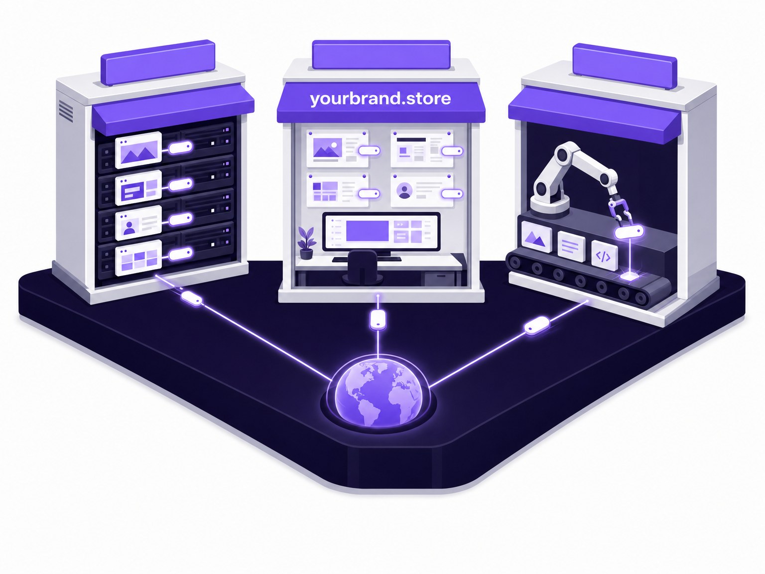 Isometric illustration of a storefront, control panel, and developer code panel representing web hosts, agencies, and platform builders